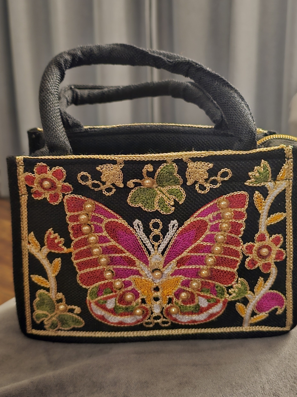 Black Embroidered Butterfly Mini Handbag with Pink and Gold Accents